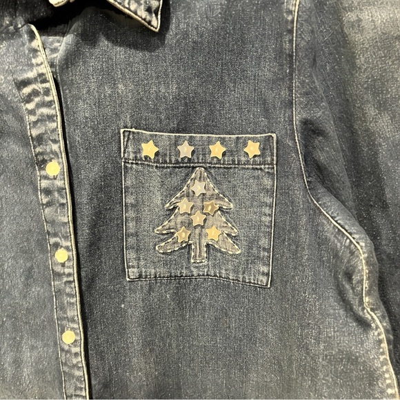 FG Field Gear vintage holiday Christmas denim button front Christmas trees large - Picture 2 of 5